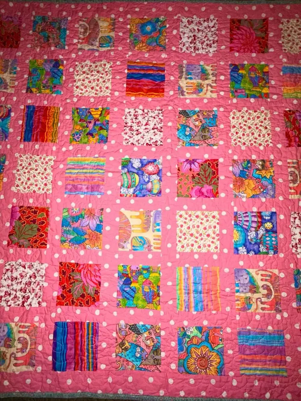 Handmade Kaffe Fassett Patchwork Quilt with Pink Polka Dot Sashing